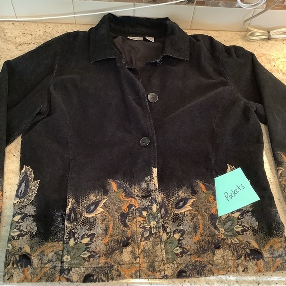 Chico’s Black Corduroy Jacket Size Large (2) Feather & Floral Button Close - Picture 9 of 9
